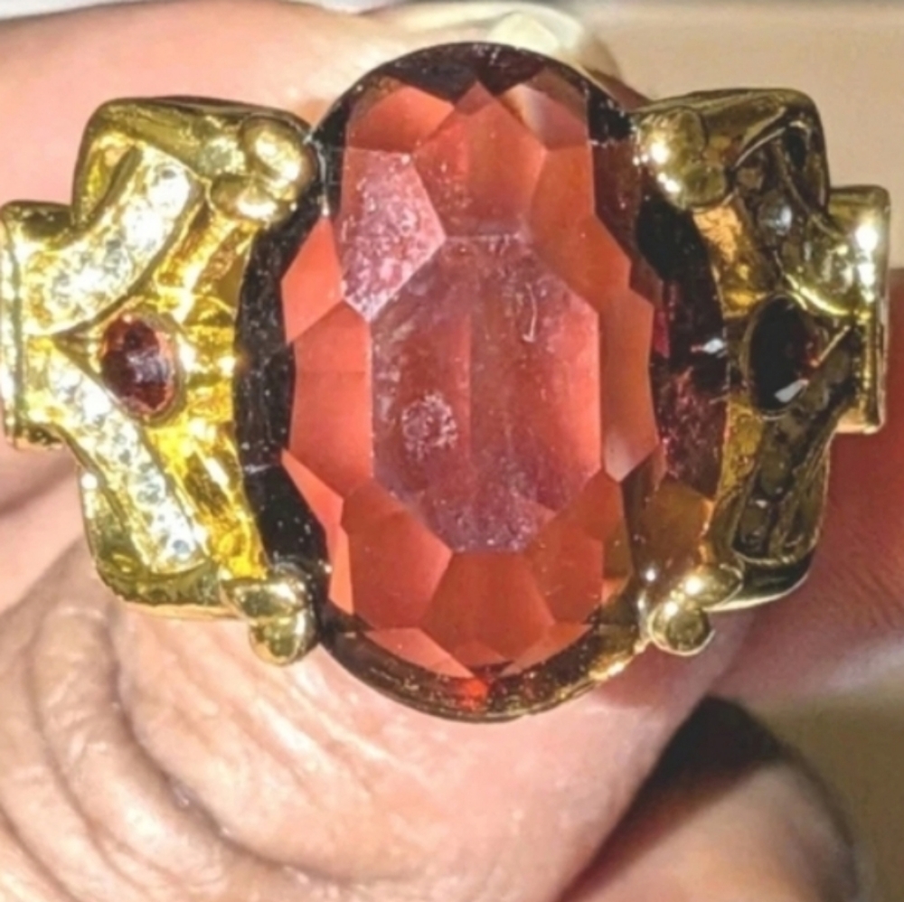 Elegant Gold Plated Cocktail Unisex Ring with Deep Red Gemstone Sz 13